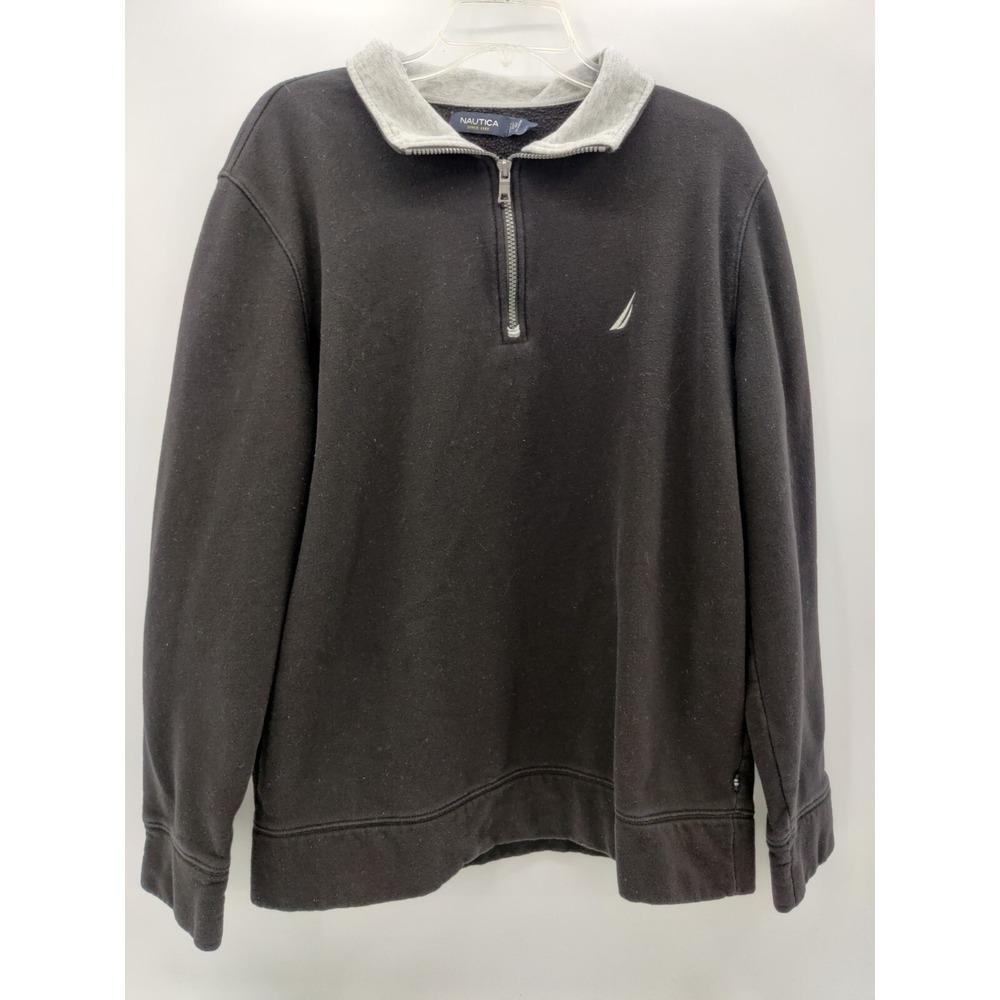 Nautica Mens XL Quarter Zip Pullover Sweatshirt Black Grey Fleece Mock Neck Logo